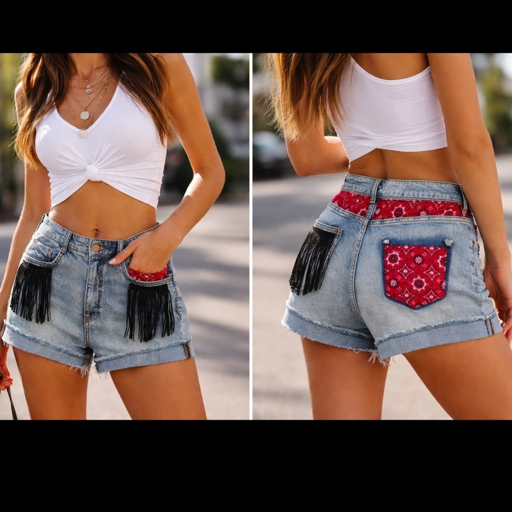 Pilcro by Anthropologie Jean Boho Fringe Denim Shorts w/ Red Bandana Detail - Picture 1 of 8
